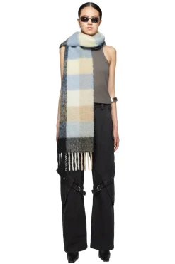 Acne Mohair Checked Scarf Skjerf Blå Og Beige